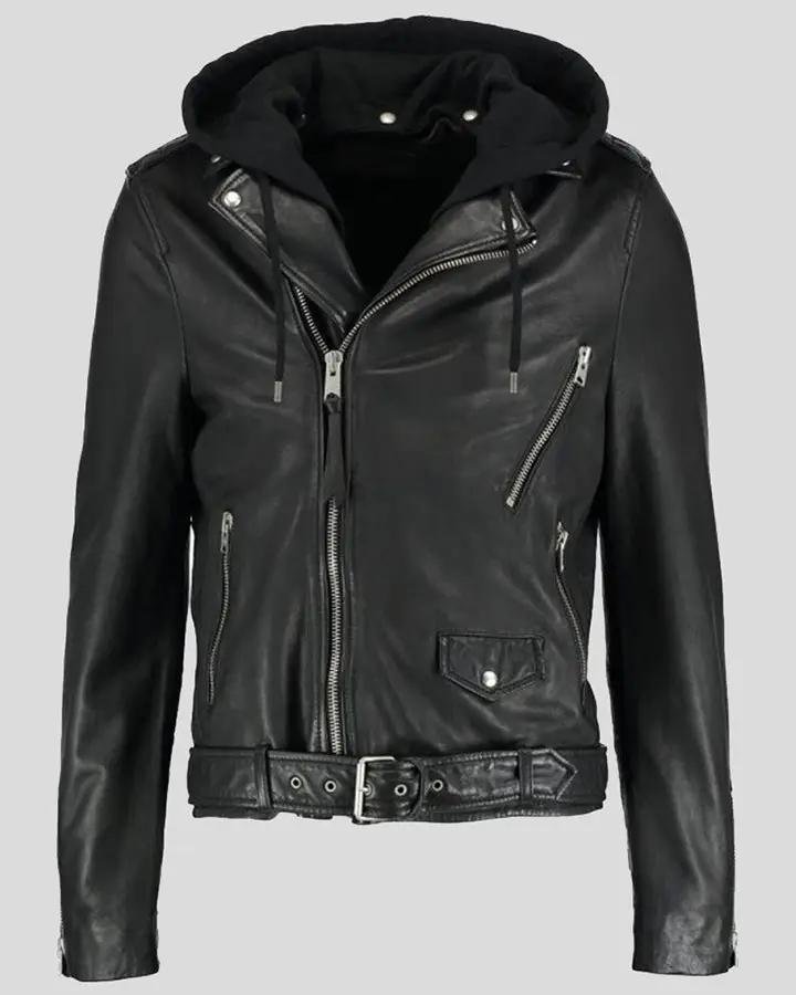 LUPE BLACK REMOVABLE HOODED LEATHER JACKET - Image 2