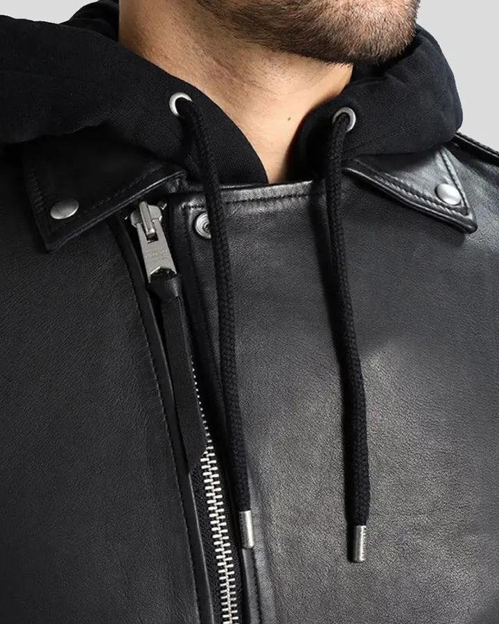 LUPE BLACK REMOVABLE HOODED LEATHER JACKET - Image 4