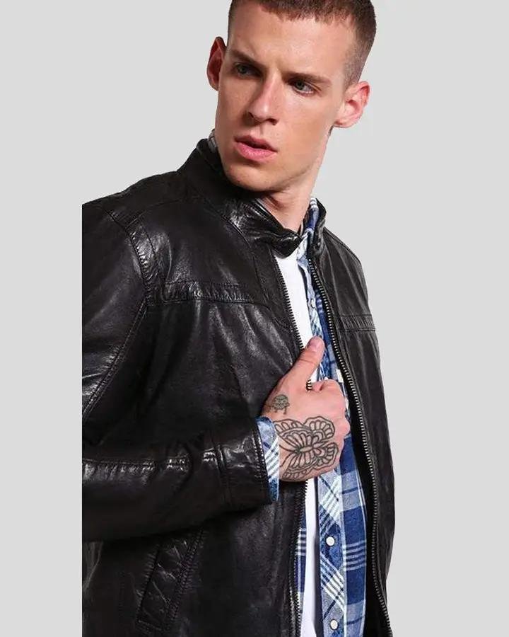 FERD BLACK SLIM FIT LEATHER RACER JACKET - Image 3