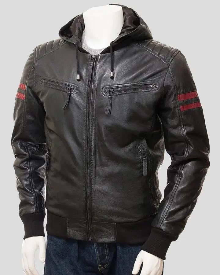 JED BLACK LEATHER JACKET WITH HOOD
