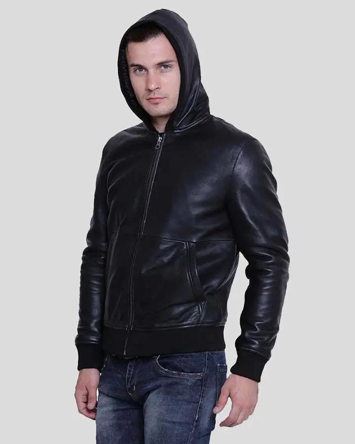 THEO BLACK HOODED LEATHER JACKET