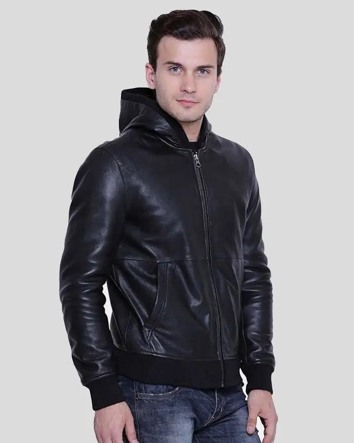 THEO BLACK HOODED LEATHER JACKET - Image 3