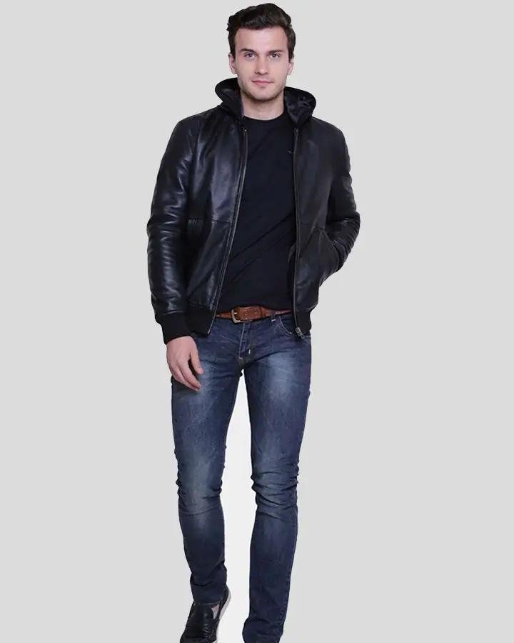 THEO BLACK HOODED LEATHER JACKET - Image 2