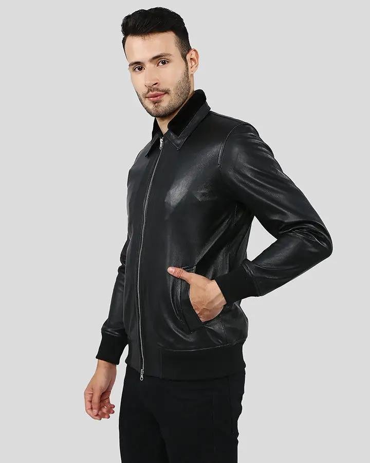 REECE BLACK BOMBER LEATHER JACKET - Image 2
